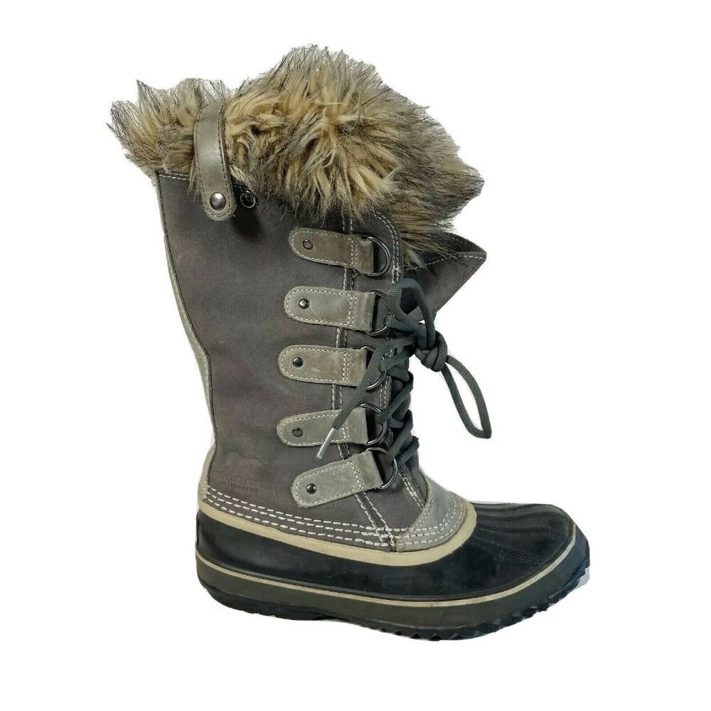 Sorel Women Joan of Artic Winter Snow Boots Gray Size 6 Waterproof Suede Fux Fur